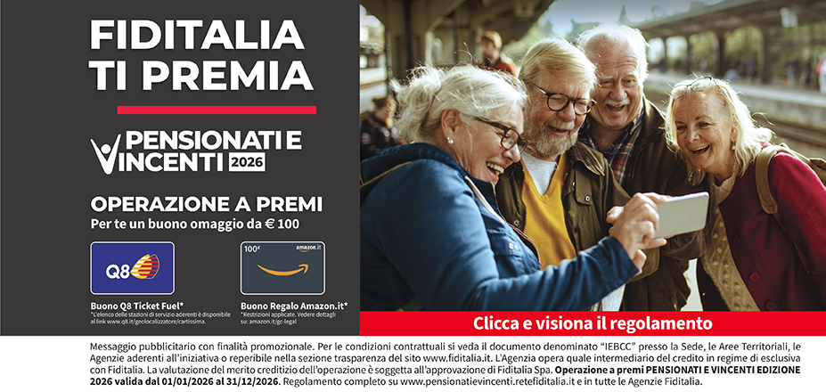 Agenzia Mediafin Fiditalia | Imperia | Fiditalia ti premia - Vicni un omaggio da €100. Operazione a premi. Clicca e visiona il regolamento. Operazione a premi PENSIONATI E VINCENTI 2025 valida dal 01/01/2025 al 31/12/2025. Regolamento completo www.pensionatievincenti.retefiditalia.it
